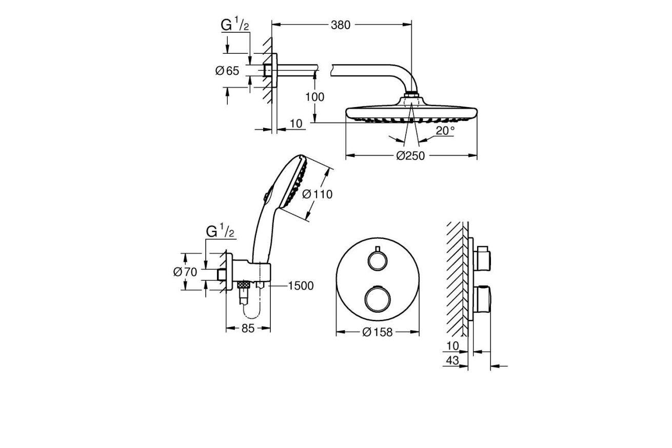 Набор для душа GROHE Grohtherm с верхним душем Tempesta 250, хром (1039960000)