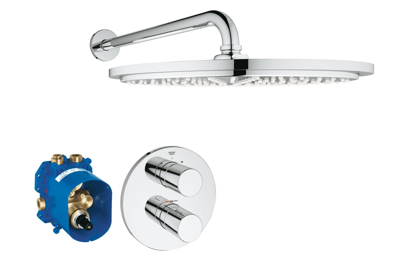 Набор GROHE Grohtherm 3000 Cosmopolitan для душа с термостатом: комплект встраиваемого термостата для душа + верхний душ GROHE Rainshower Cosmopolitan 310, хром (34571000)