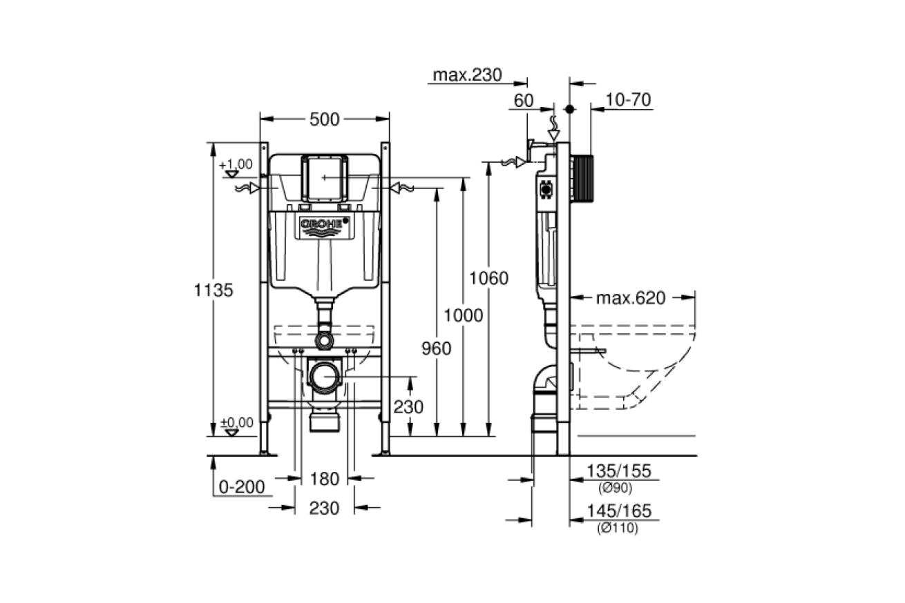 Система инсталляции GROHE Solido 5 в 1, с подвесным унитазом Bau Ceramic и панелью смыва Skate Cosmopolitan (39586000)