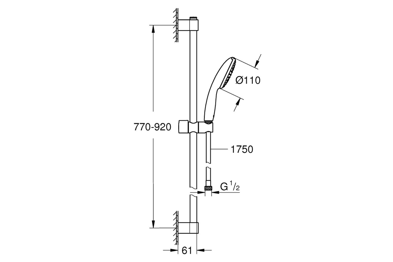 Душевой гарнитур GROHE Tempesta 110, 1 режим струи, душевая штанга 900 мм, 16,6 л/мин, хром (27854003)