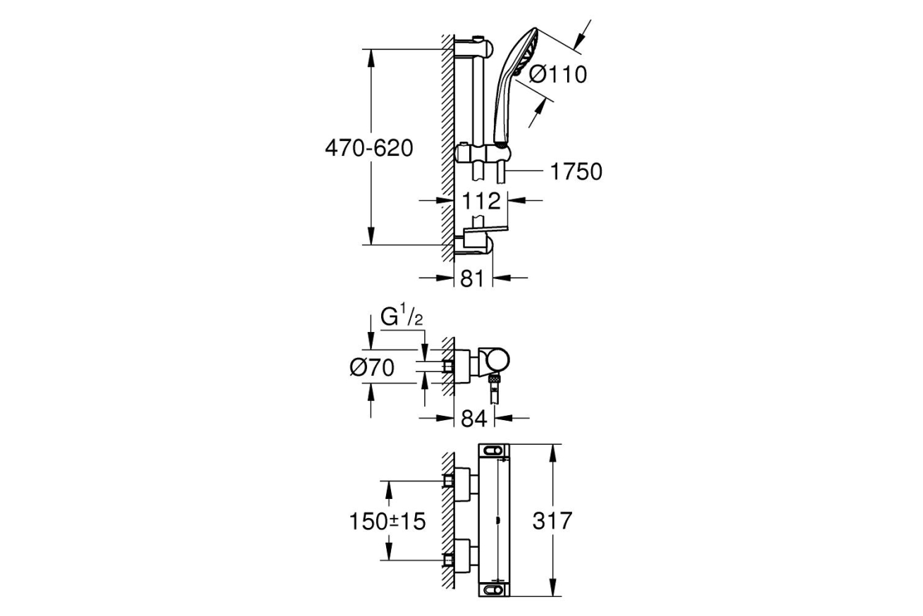 Термостат для душа GROHE Grohtherm 2000 с душевым гарнитуром, хром (34195001)