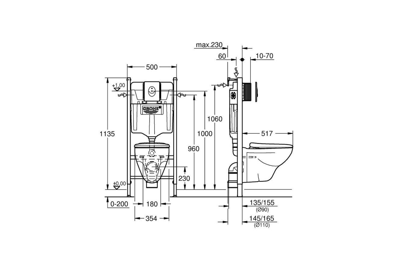 Комплект инсталляции GROHE Solido Compact 4 в 1 с подвесным унитазом Lecico Perth и сиденьем (39116000)