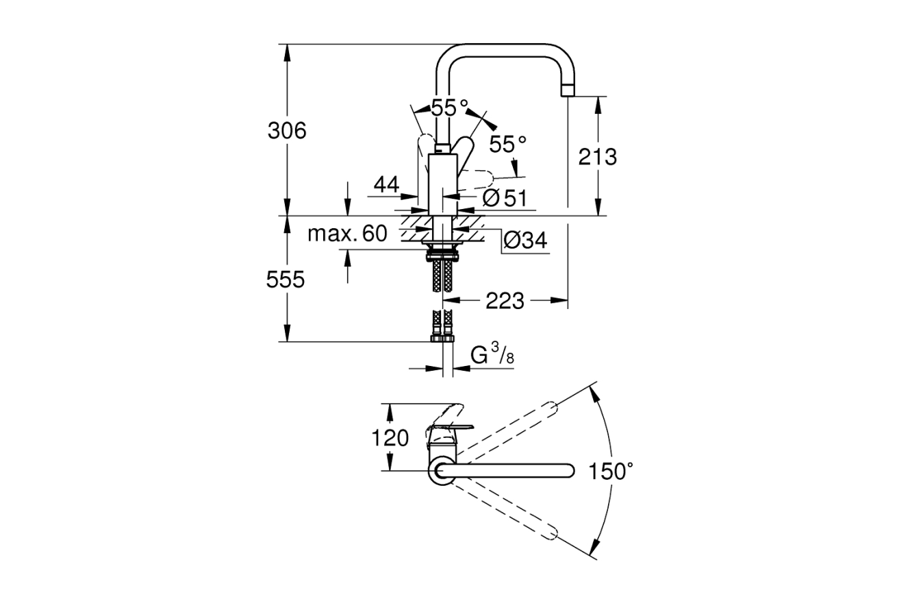 Смеситель для кухни GROHE Eurodisc Cosmopolitan, хром (32259003)