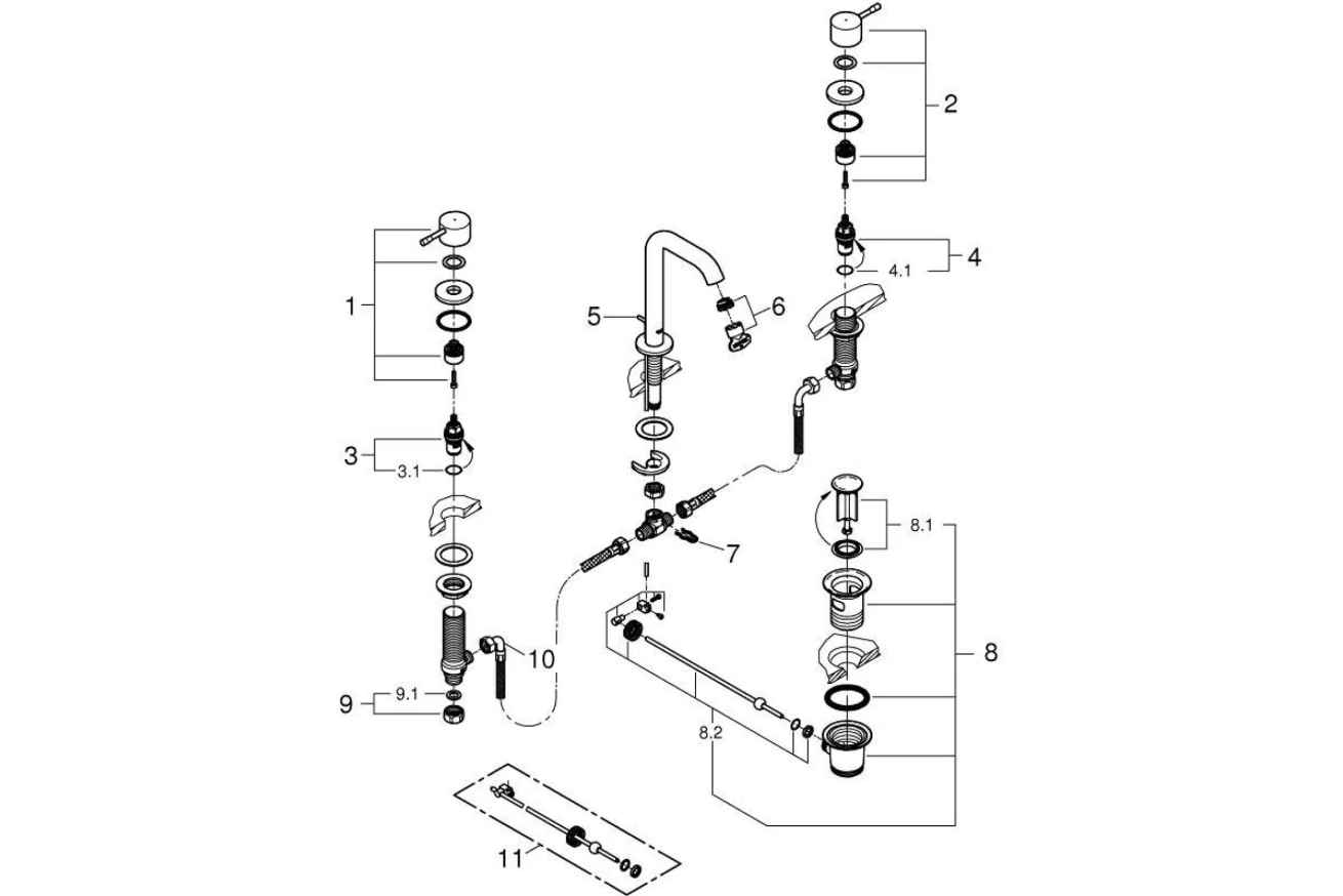 Смеситель для раковины GROHE Essence на 3 отверстия с донным клапаном, M-size, хром (20296001)