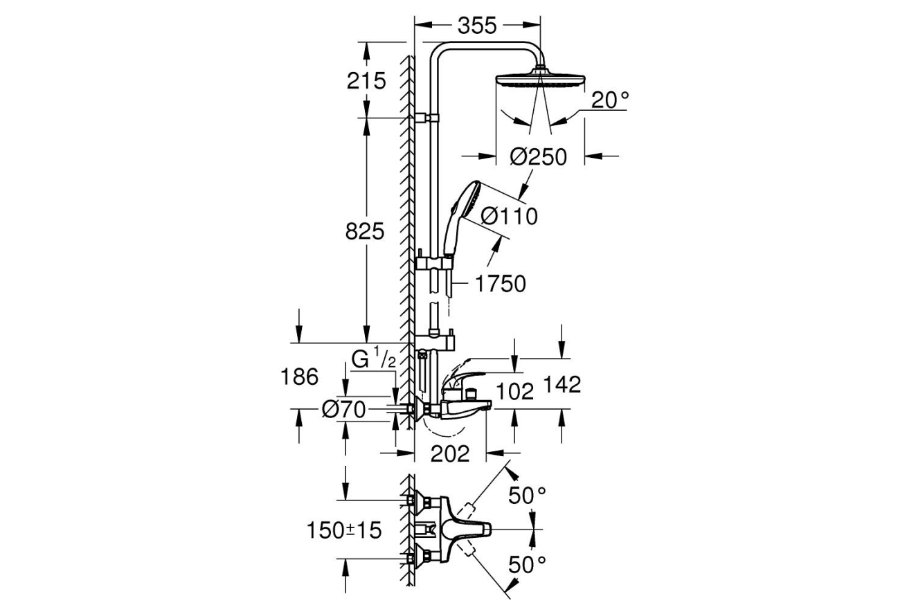 Душевая система GROHE Tempesta System 250 со смесителем для ванны, хром (26674001)