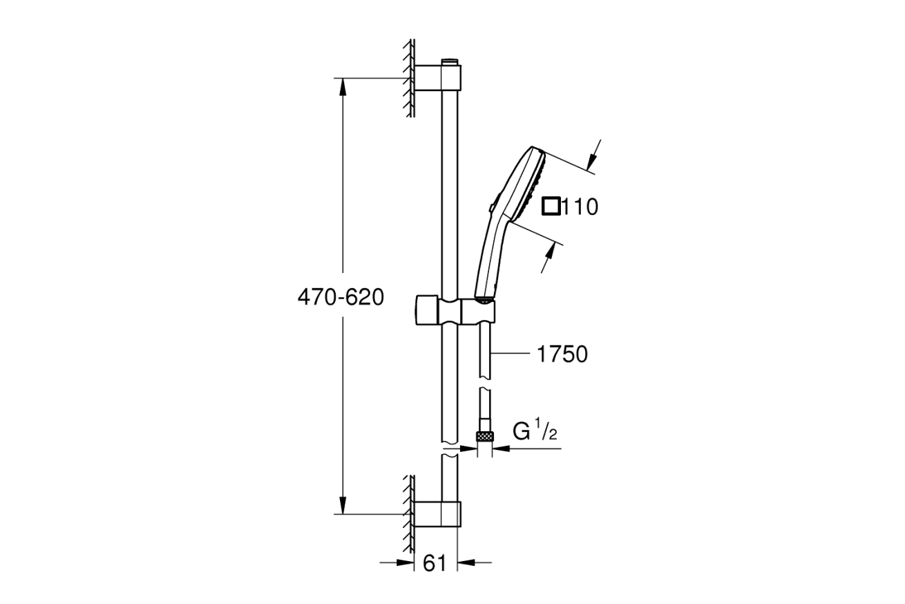 Душевой гарнитур GROHE Tempesta Cube 110, 3 режима струи, душевая штанга 600 мм, 13,5 л/мин, хром (27786003)