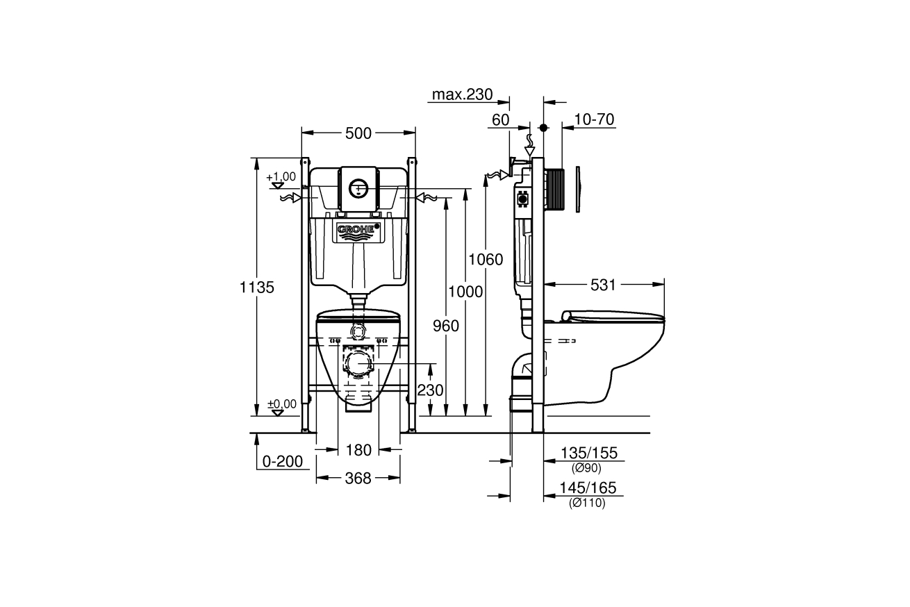 Комплект инсталяции GROHE Solido Compact 5 в 1 с подвесным унитазом Bau Ceramic и сиденьем с микролифтом (39415000)
