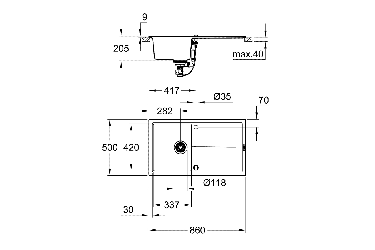Мойка GROHE K400, 860 x 500 мм, черный гранит (31640AP0)