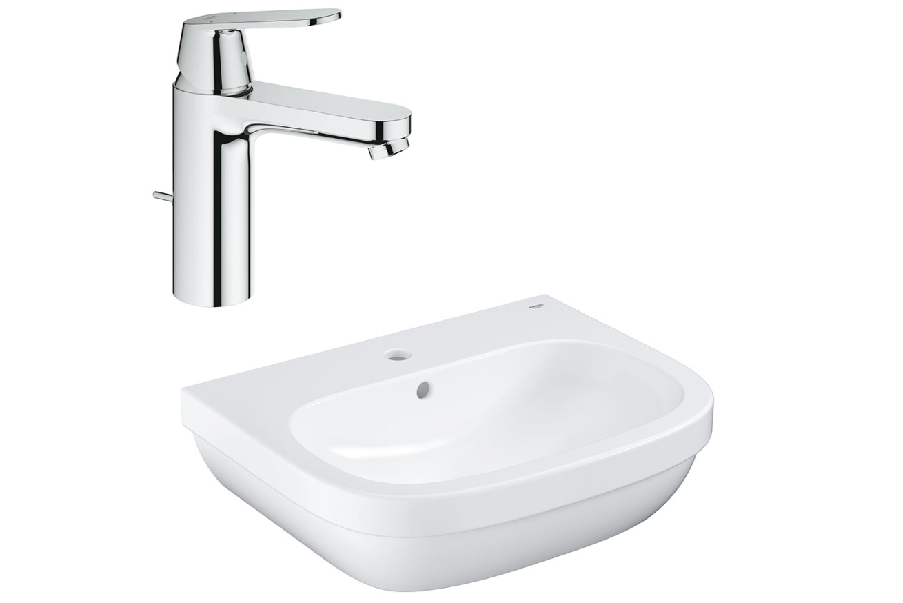 Раковина GROHE Euro Ceramic + Смеситель для раковины GROHE Eurosmart Cosmopolitan с донным клапаном, средний излив (NC0004)