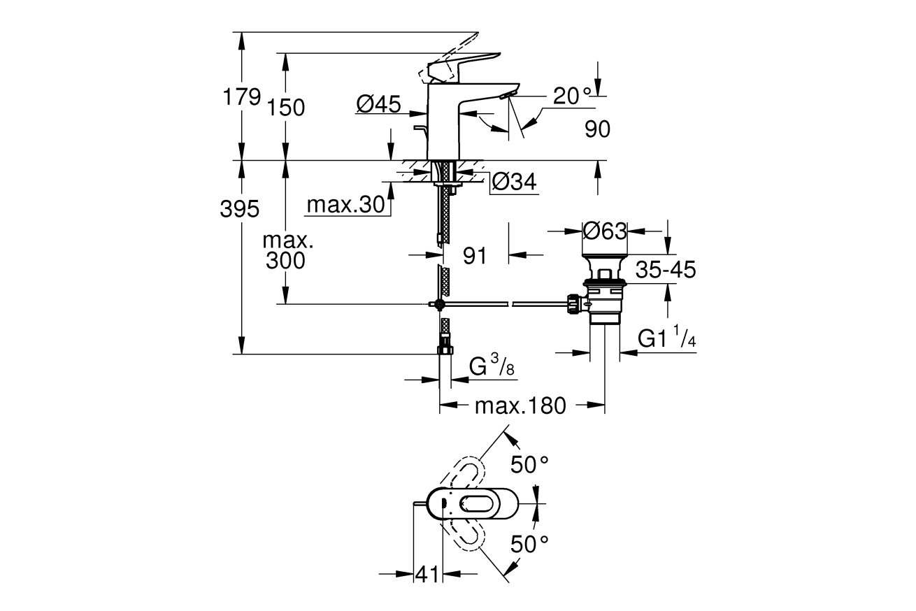 Смеситель для раковины GROHE Start Loop с донным клапаном, хром (23349000)