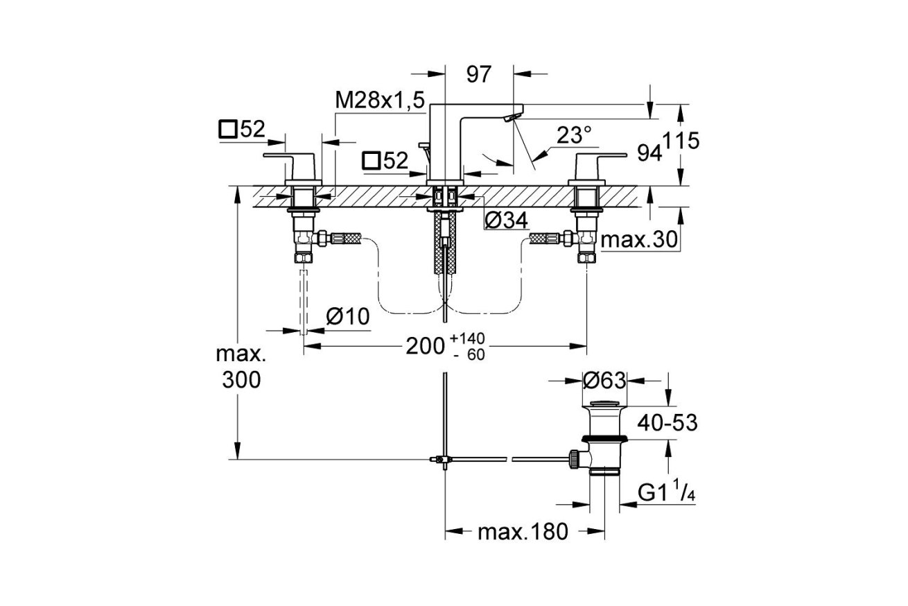 Смеситель для раковины GROHE Eurocube на 3 отверстия с донным клапаном, S-size, хром (20351000)