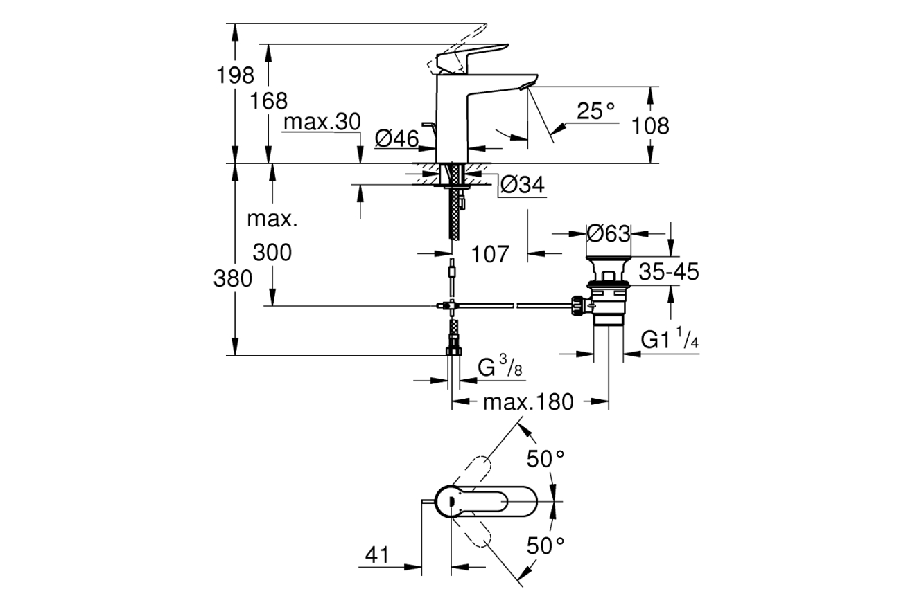 Смеситель для раковины GROHE Start Edge с донным клапаном, M-Size, хром (23774000)