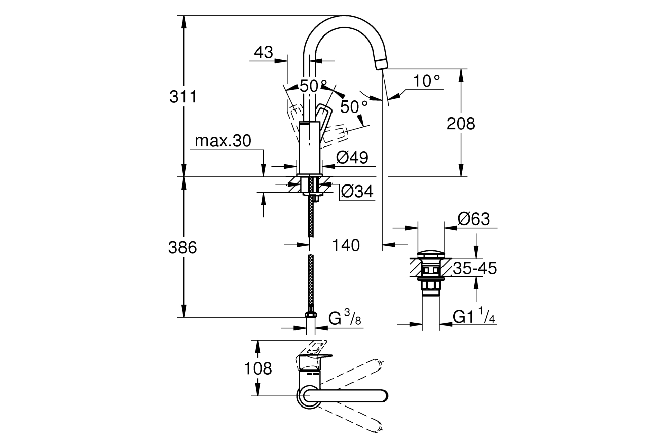 Смеситель для раковины GROHE BauLoop, L-size, хром (23891001)