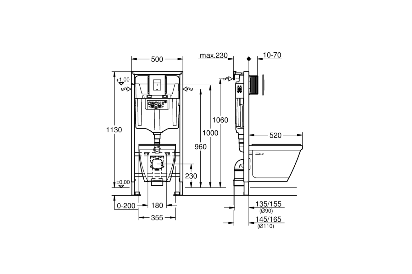 Комплект инсталляции GROHE Solido Perfect 4 в 1 с подвесным унитазом Lecico Serel и сиденьем (39186000)