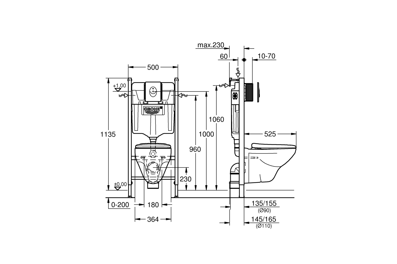 Комплект инсталляции GROHE Solido 4 в 1 с подвесным унитазом и сиденьем (39398000)