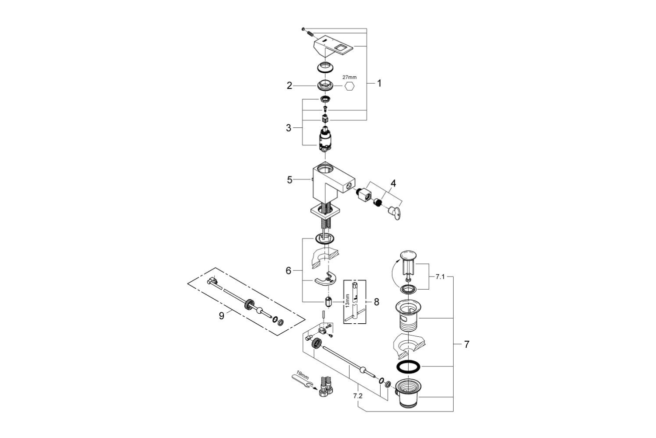 Смеситель для биде GROHE Eurocube с донным клапаном, хром (23138000)
