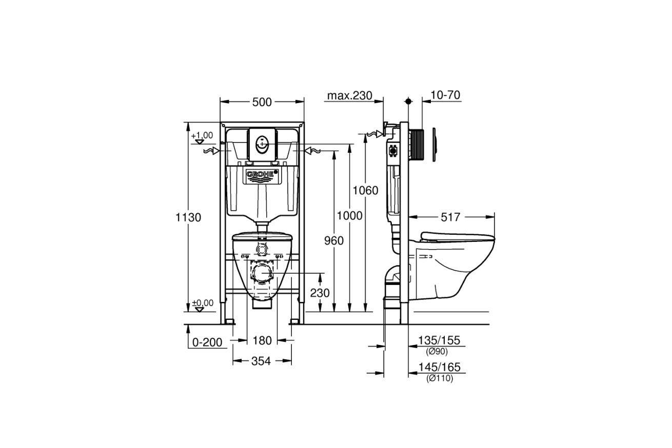 Комплект инсталляции GROHE Solido Perfect 4 в 1 с подвесным унитазом Lecico Perth и сиденьем (39192000)
