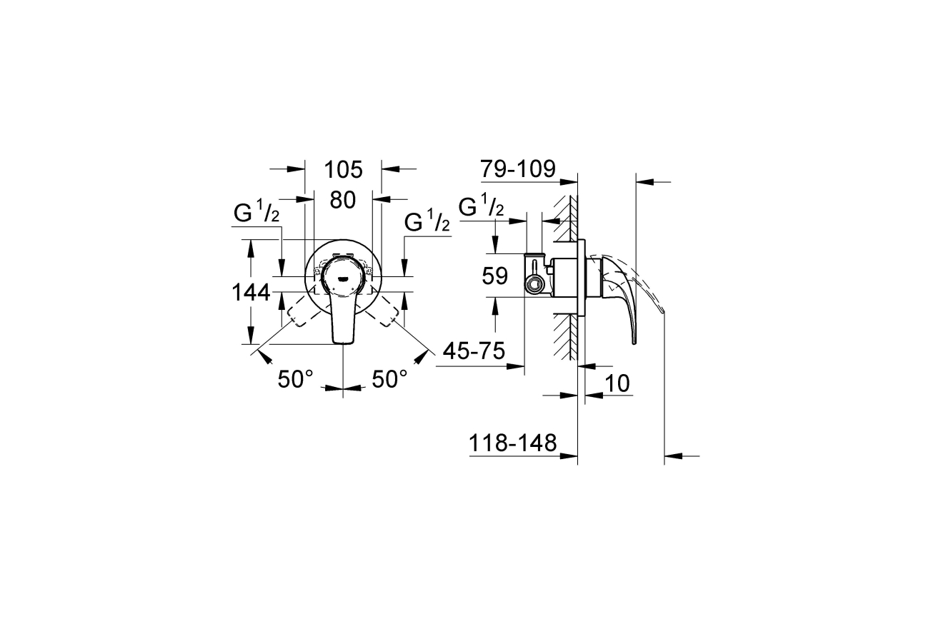 Смеситель для душа GROHE BauCurve в комплекте с монтажной частью, хром (29044000)