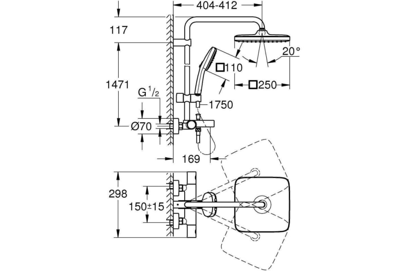 Душевая система GROHE Tempesta System 250 Cube с термостатом для ванны, хром (26691001)