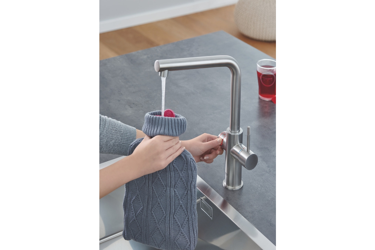 Комплект для кухни GROHE Red Duo с L-образным смесителем, бойлером L-Size и фильтром, суперсталь (30325DC1)