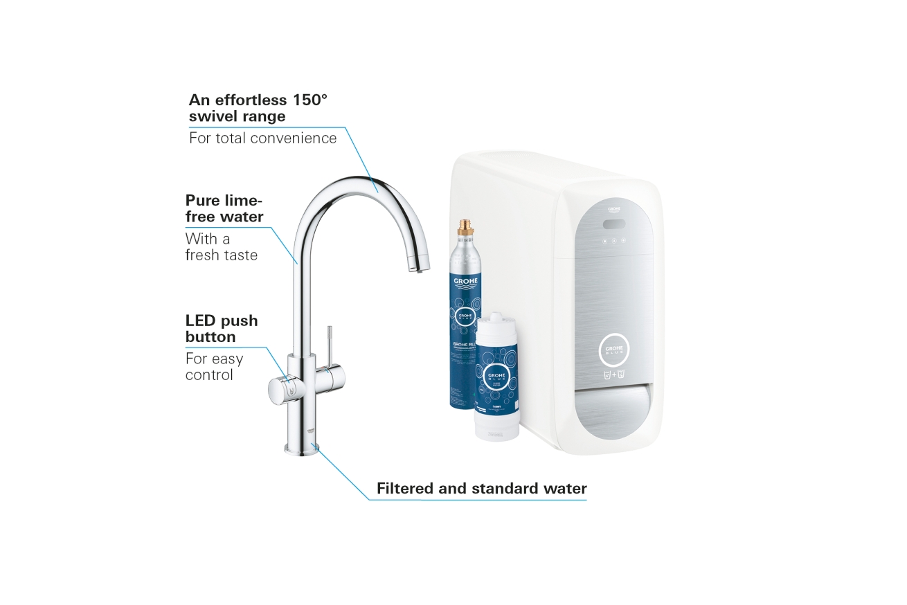 Смеситель для кухни GROHE Blue Home с системой фильтрации, охлаждения и газирования воды, хром (31455001)