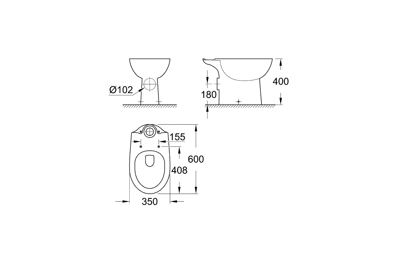 Унитаз напольный GROHE Bau Ceramic горизонтальный выпуск (без бачка и сиденья), альпин-белый (39428000)