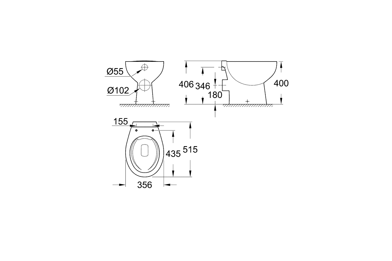 Унитаз напольный безободковый GROHE Bau Ceramic, горизонтальный выпуск (без сиденья), альпин-белый (39430000)