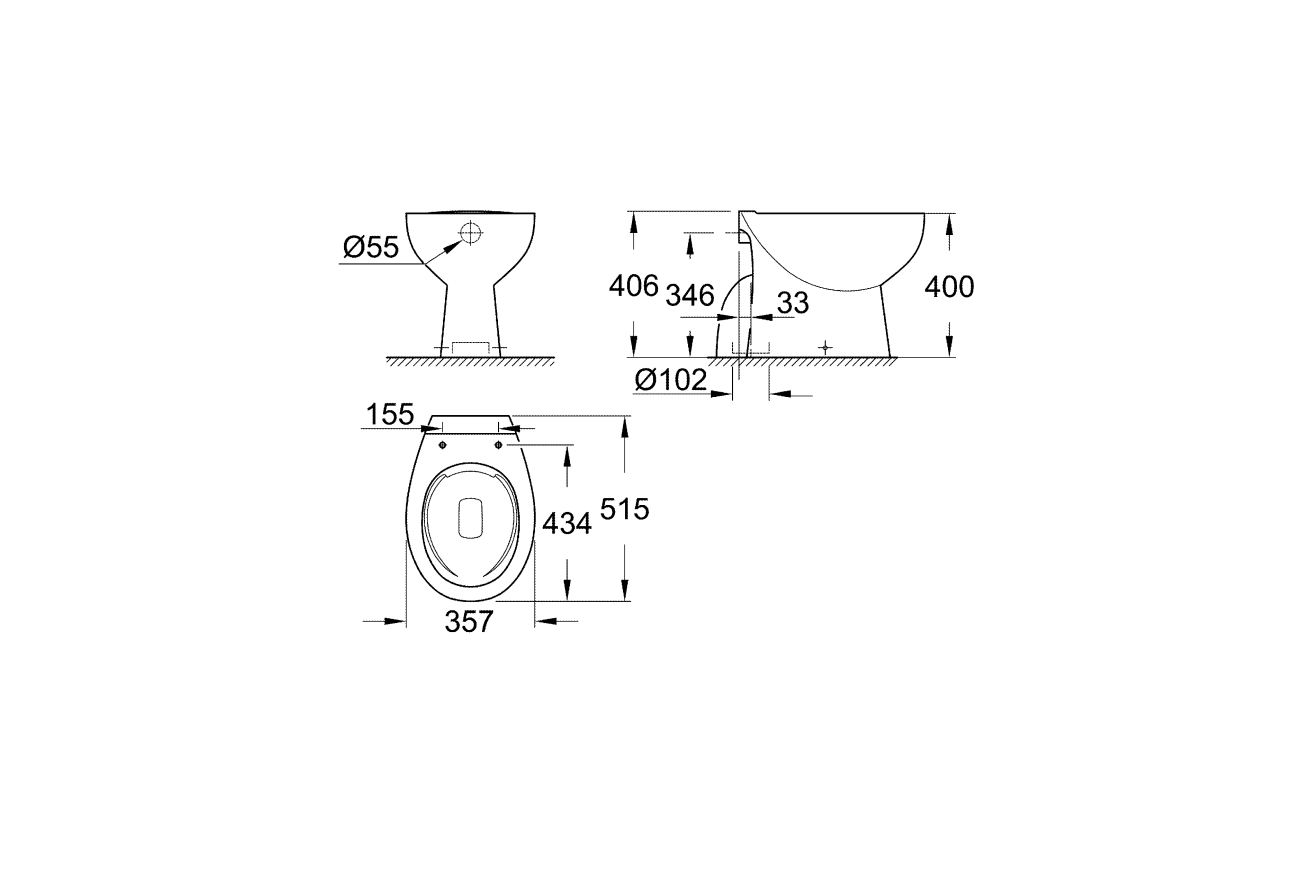 Унитаз напольный GROHE Bau Ceramic, выпуск в пол (без сиденья), НЕ подходит для бачков на унитаз, альпин-белый (39431000)