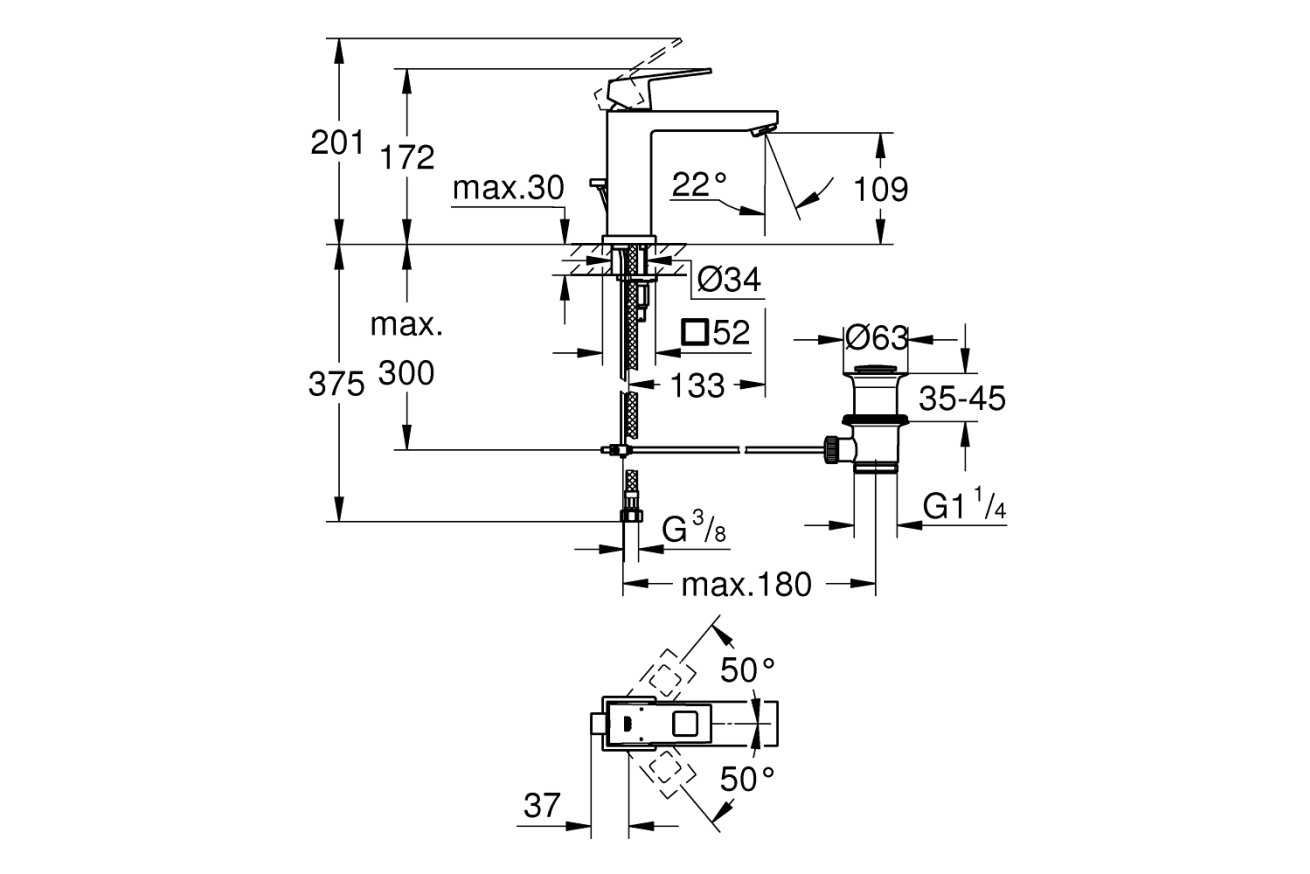 Смеситель для раковины GROHE Eurocube с донным клапаном, M-size, хром (23445000)