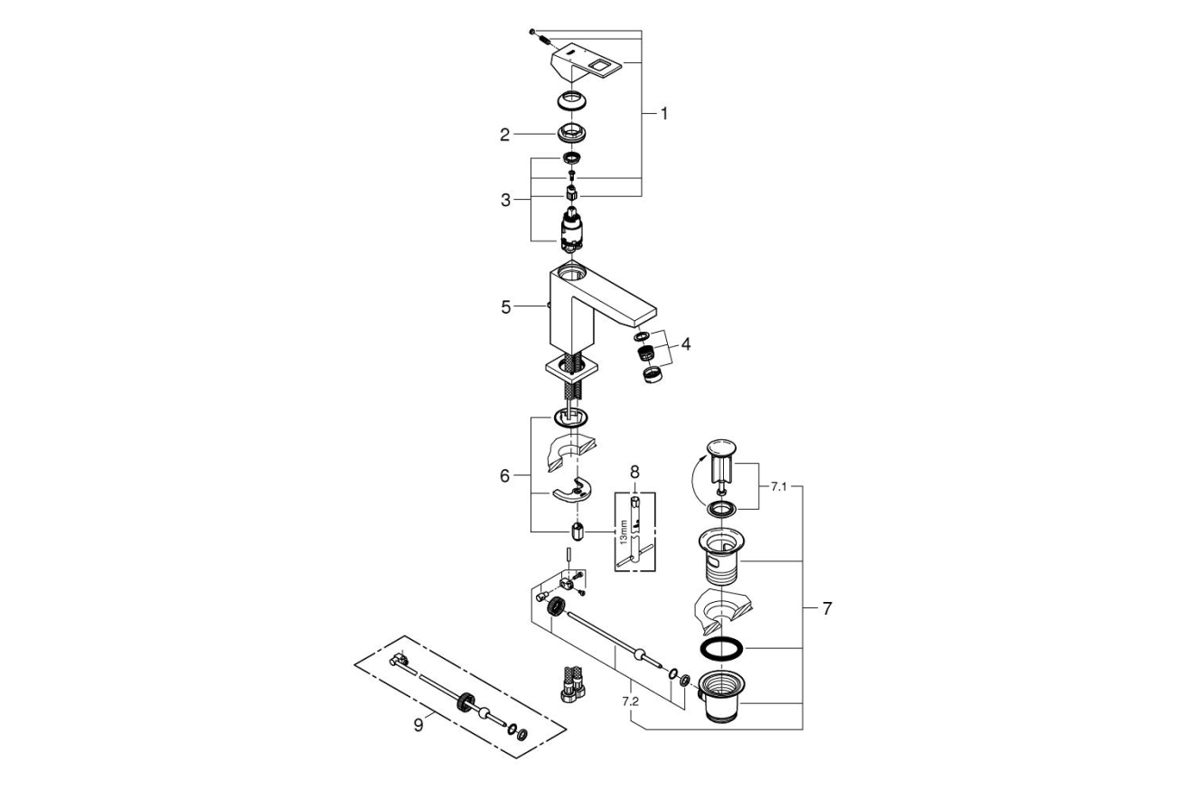 Смеситель для раковины GROHE Eurocube с донным клапаном, M-size, хром (23445000)