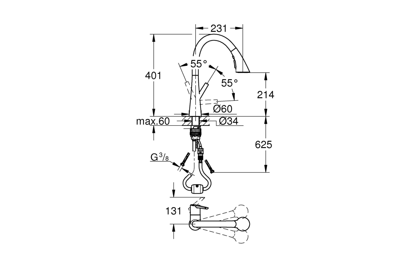 Смеситель для кухни GROHE Zedra с вытяжным душем 3jet, хром (32294002)