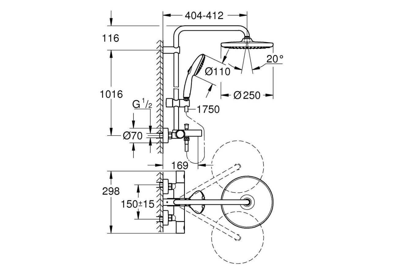 Душевая система GROHE Tempesta System 250 с термостатом для ванны, хром (26978001)