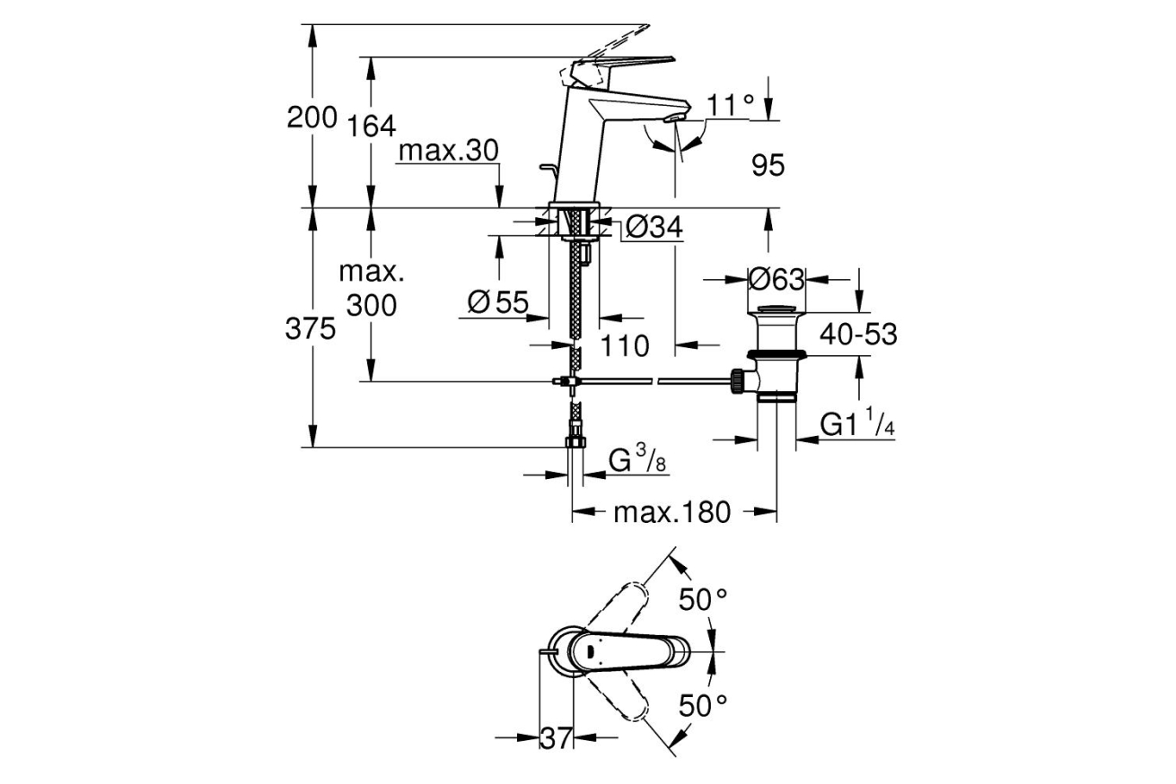 Смеситель для раковины GROHE Eurodisc Cosmopolitan с донным клапаном, S-size, хром (23049002)