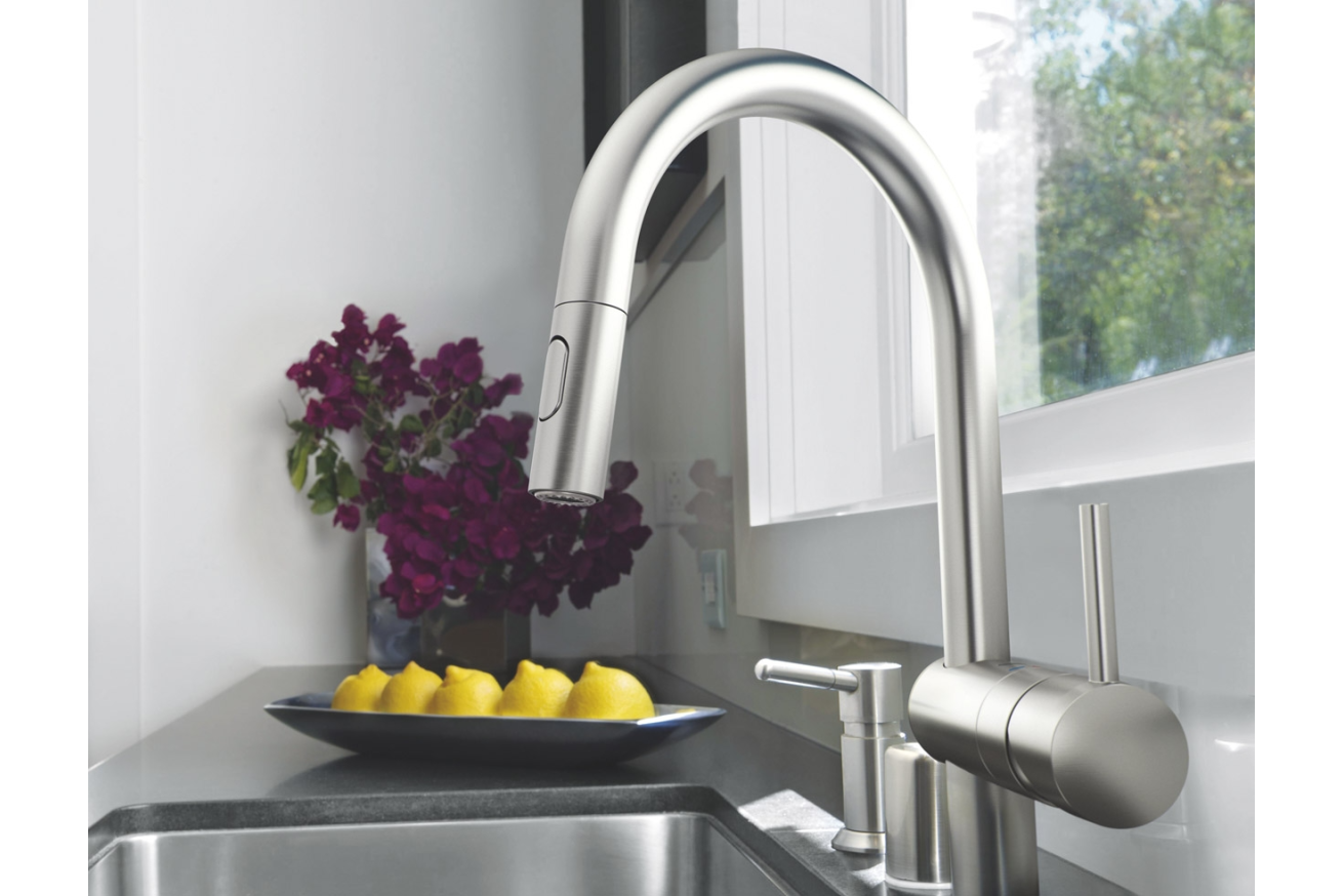 Смеситель для кухни GROHE Minta с вытяжным душем, C-образный излив, суперсталь (32321DC2)