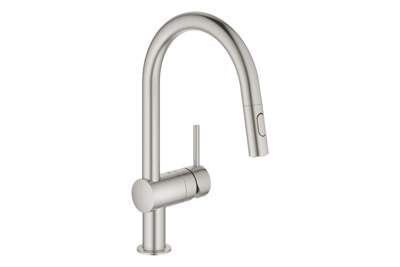 Смеситель для кухни GROHE Minta с вытяжным душем, C-образный излив, суперсталь (32321DC2)