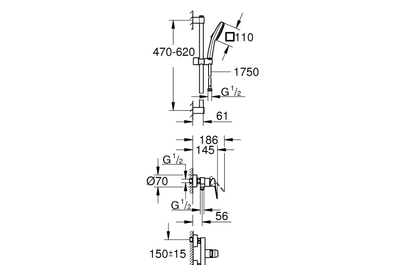 Смеситель для душа с душевым гарнитуром GROHE Cubeo, хром (1018250000)