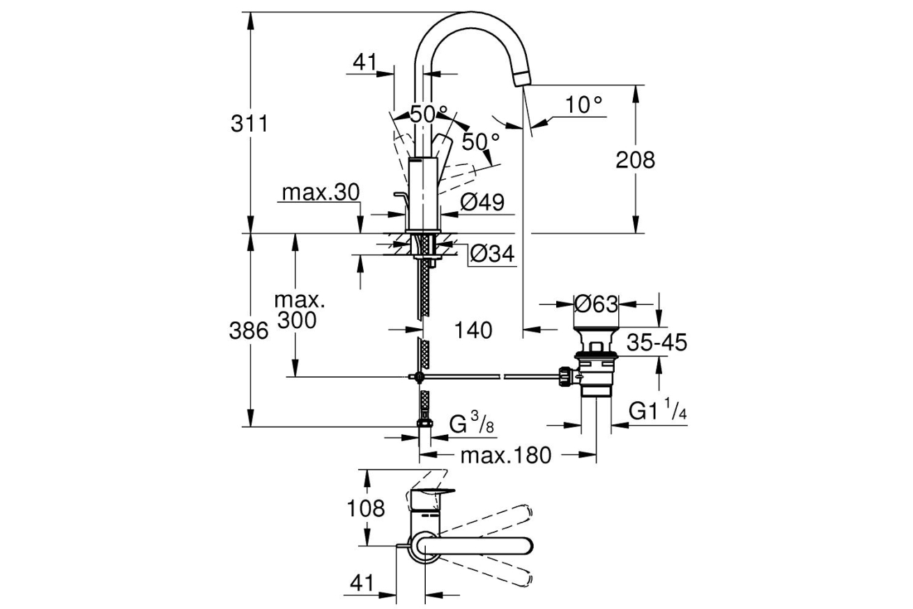 Смеситель для раковины GROHE Start Edge QuickFix с донным клапаном, L-Size, хром (24201001)