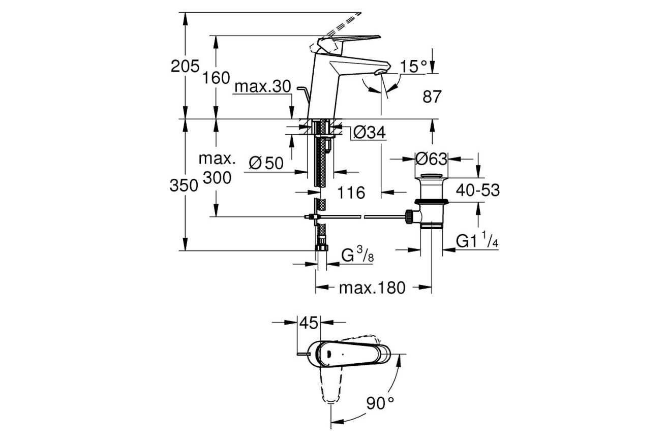 Смеситель для раковины GROHE Eurodisc Cosmopolitan с донным клапаном, S-size, хром (2338420E)