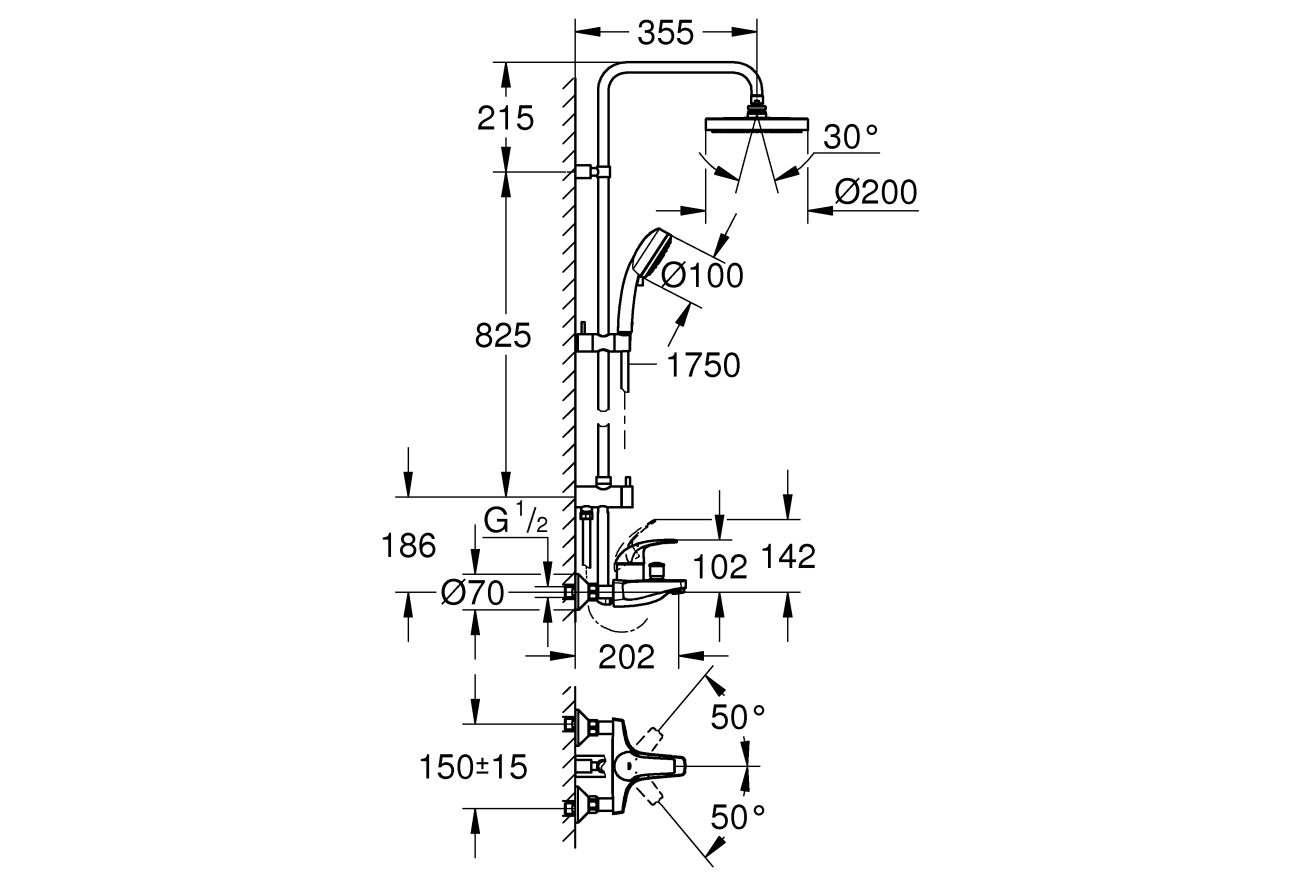 Душевая система GROHE Tempesta Cosmopolitan System 200 со смесителем для ванны, хром (26305001)