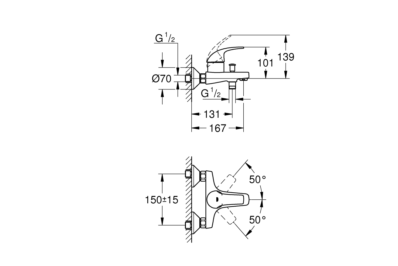Смеситель для ванны GROHE Start Curve, настенный монтаж, хром (23768000)