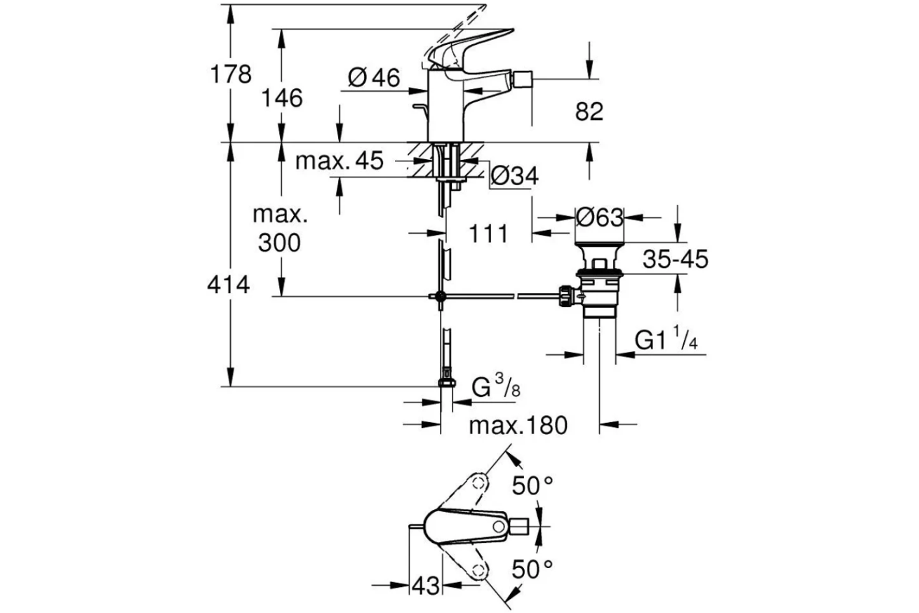 Смеситель для биде GROHE Euroeco с донным клапаном, хром (23263001)