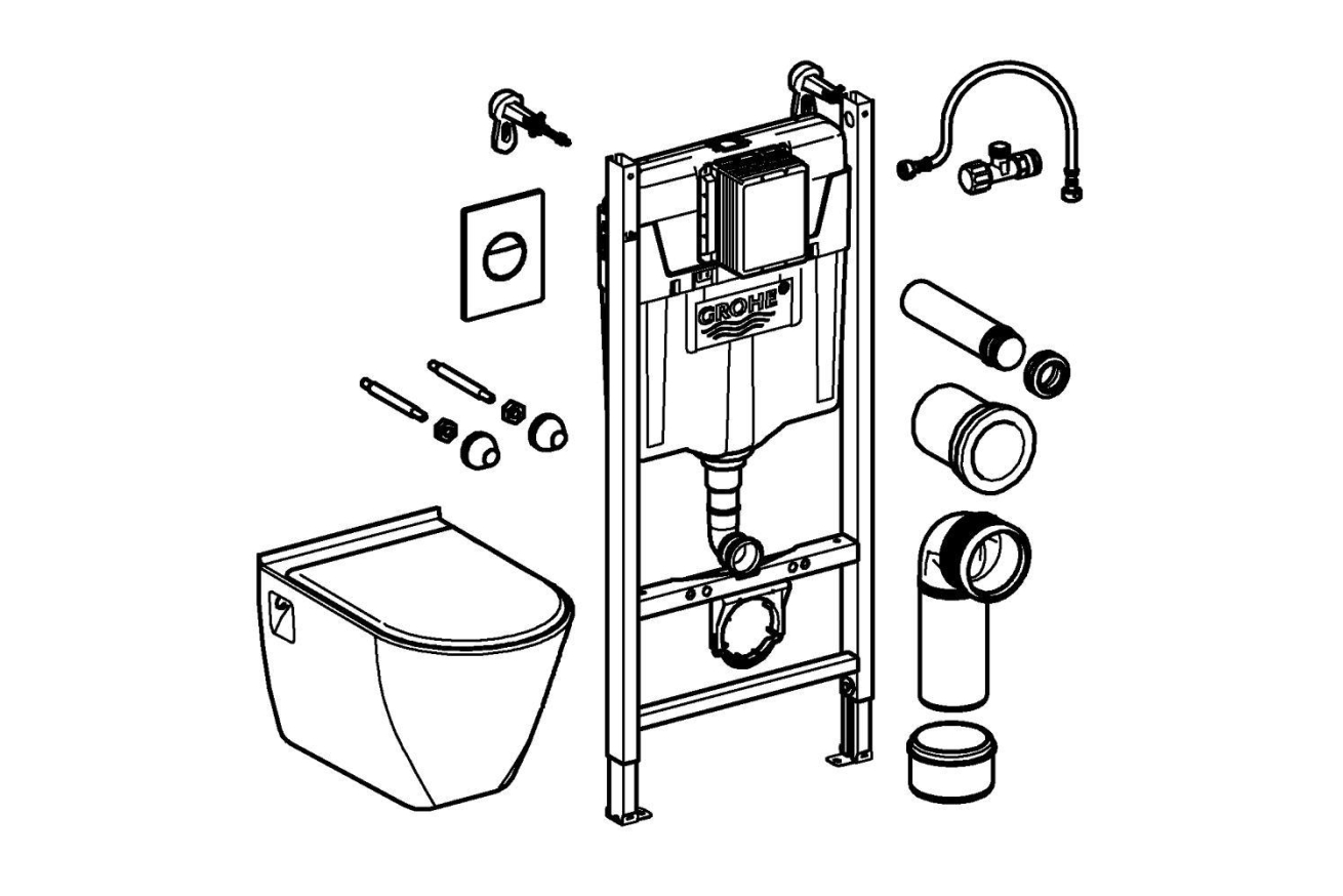 Комплект инсталляции GROHE Solido Compact, набор 4 в 1 с подвесным унитазом Lecico Serel и сиденьем (38950000)