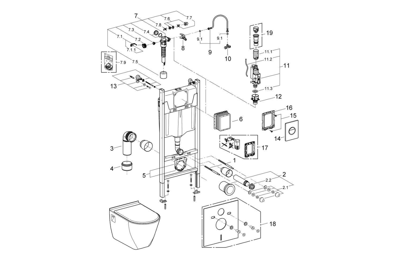 Комплект инсталляции GROHE Solido Compact, набор 4 в 1 с подвесным унитазом Lecico Serel и сиденьем (38950000)