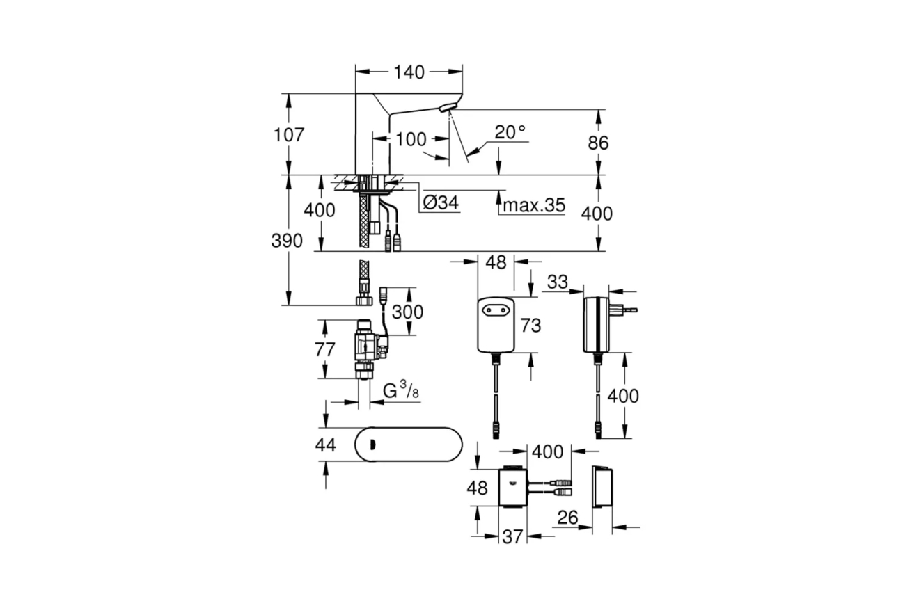 Кран для раковины GROHE Eurosmart Cosmopolitan E Bluetooth инфракрасный, без функции смешивания, хром (36409000)