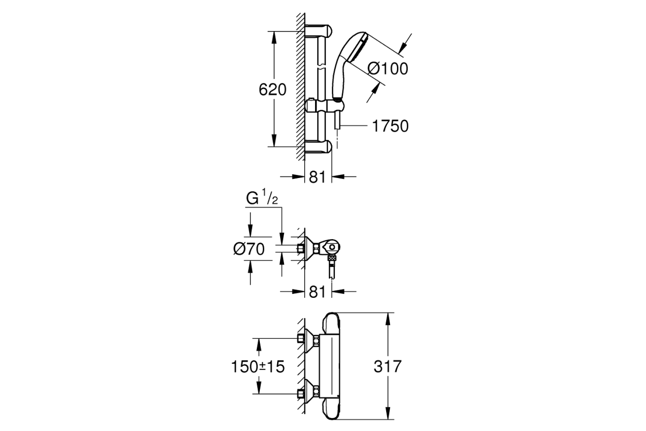 Термостат для душа GROHE Grohtherm 1000 с душевым гарнитуром, хром (34151004)