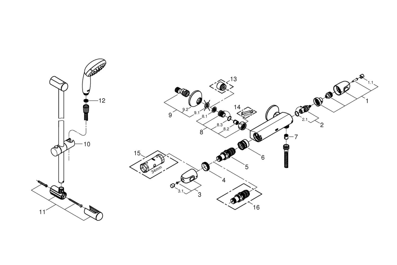 Термостат для душа GROHE Grohtherm 1000 с душевым гарнитуром, хром (34151004)