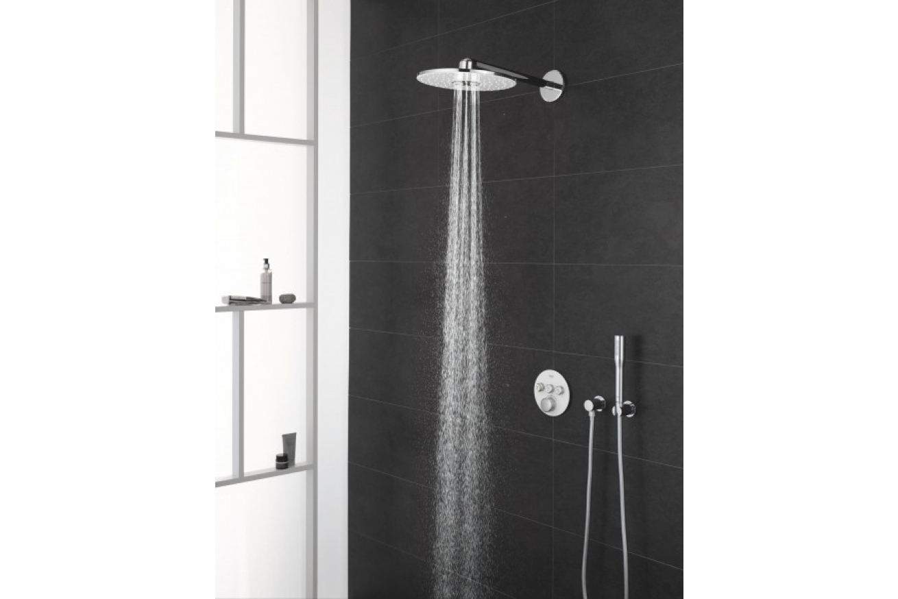 Верхний душ GROHE Rainshower 310 SmartActive с душевым кронштейном, 2 режима, 430 мм, белая луна (26475LS0)