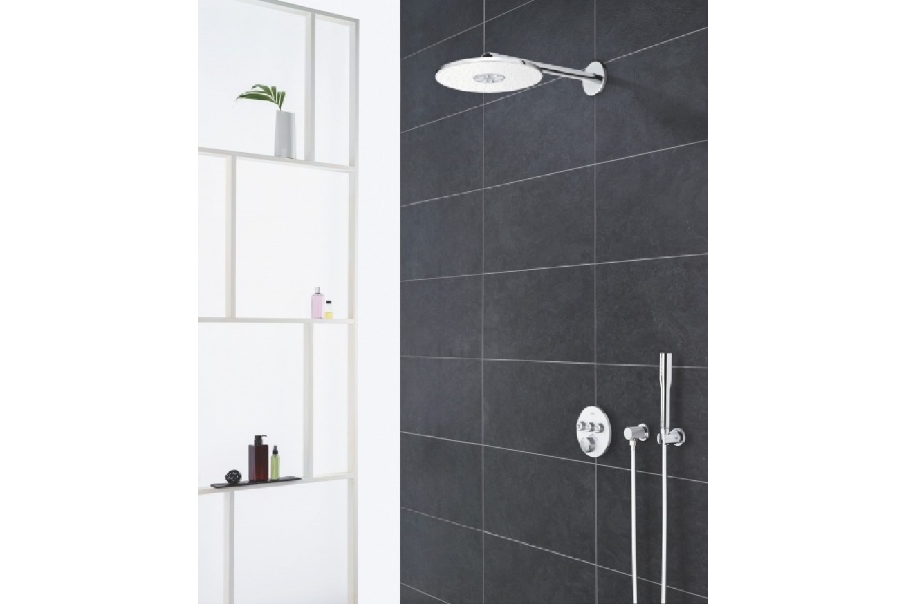 Верхний душ GROHE Rainshower 310 SmartActive с душевым кронштейном, 2 режима, 430 мм, белая луна (26475LS0)