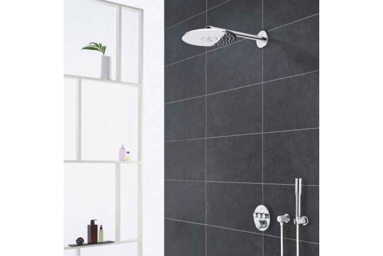 Верхний душ GROHE Rainshower 310 SmartActive с душевым кронштейном, 2 режима, 430 мм, белая луна (26475LS0)