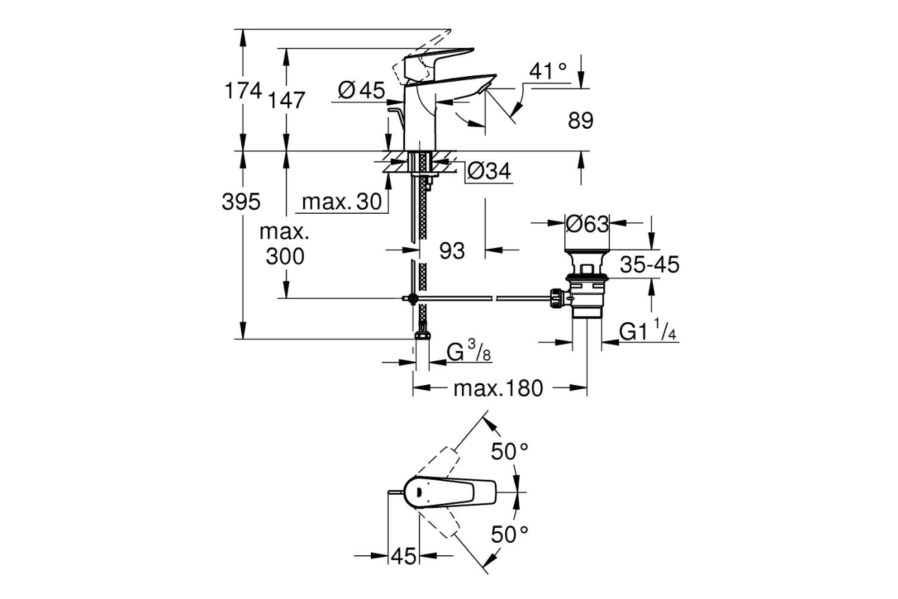 Смеситель для раковины GROHE Start Edge QuickFix с донным клапаном, S-Size, хром (24196001)